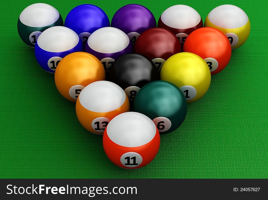 A group of colorful pool balls on a green background. A group of colorful pool balls on a green background