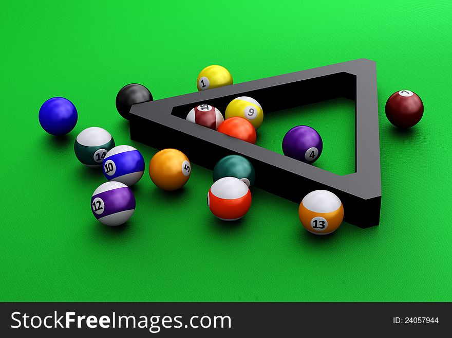 A group of colorful pool balls on a green background. A group of colorful pool balls on a green background