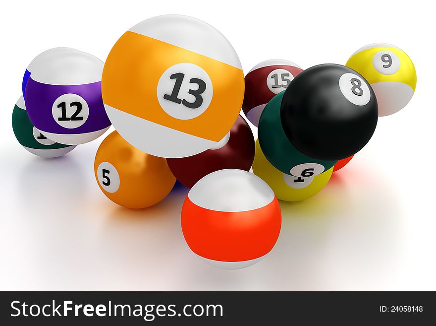 A group of colorful pool balls on a white background. A group of colorful pool balls on a white background