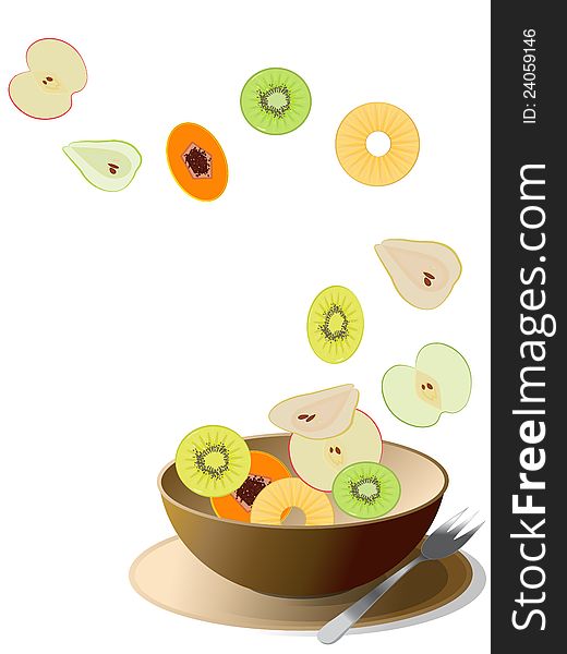 Bowl with sliced colorful fruits, Isolated on white.