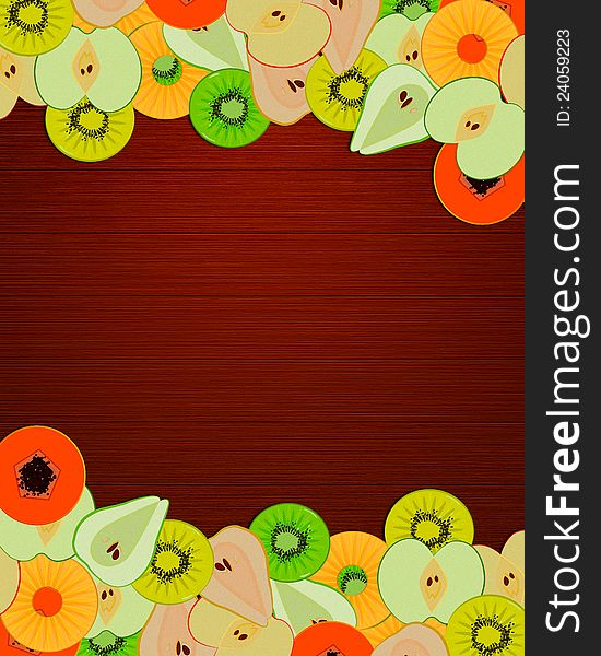 Slices of fruits decorating a wooden surface, that could serve perfectly for text. Slices of fruits decorating a wooden surface, that could serve perfectly for text