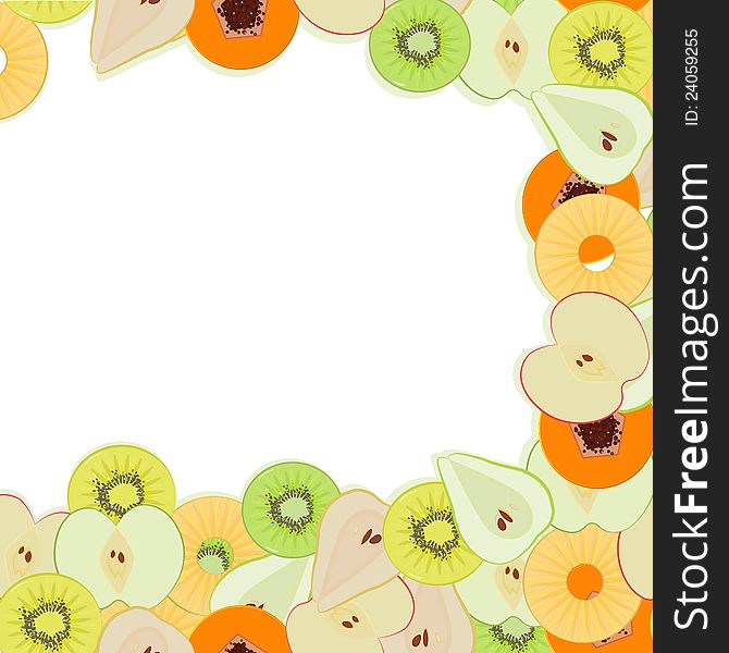Sliced fruits decorating a white surface, that is in center and waiting for your text. Sliced fruits decorating a white surface, that is in center and waiting for your text.