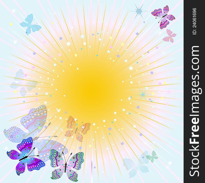 Abstract spring frame with sun, rays and transparent butterflies (vector EPS 10). Abstract spring frame with sun, rays and transparent butterflies (vector EPS 10)