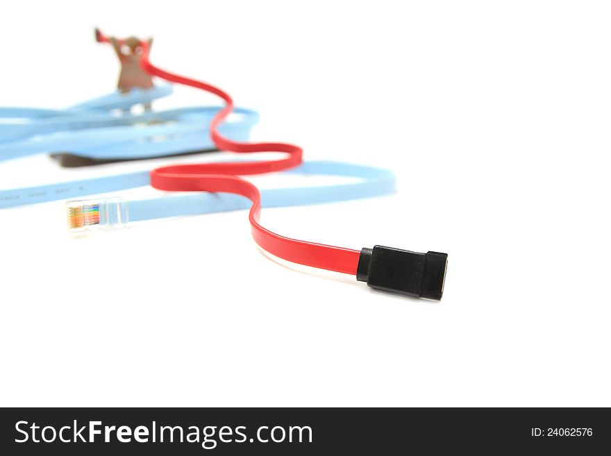 Model and various network cable on white background. Model and various network cable on white background