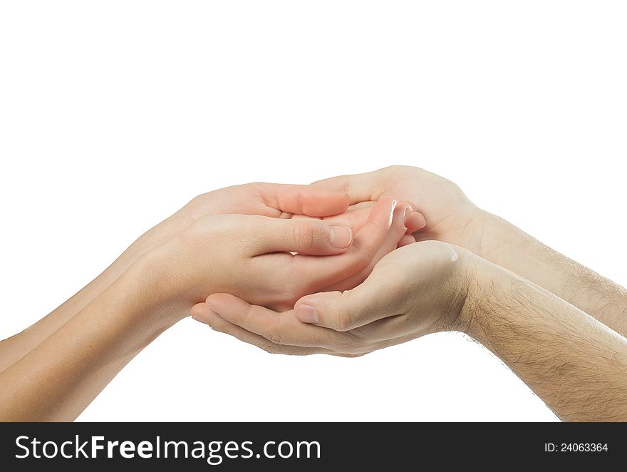 Two people take hands together isolated on a white background