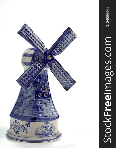 Vintage Blue Delft Porcelain Windmill isolated on white