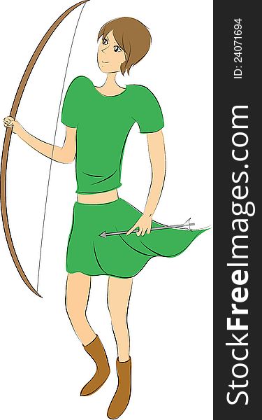 A female archer holding the bow in one hand and an arrow in another. She is wearing a shirt and a dress, both in green, and a pair of brown boots. There is some wind direction.