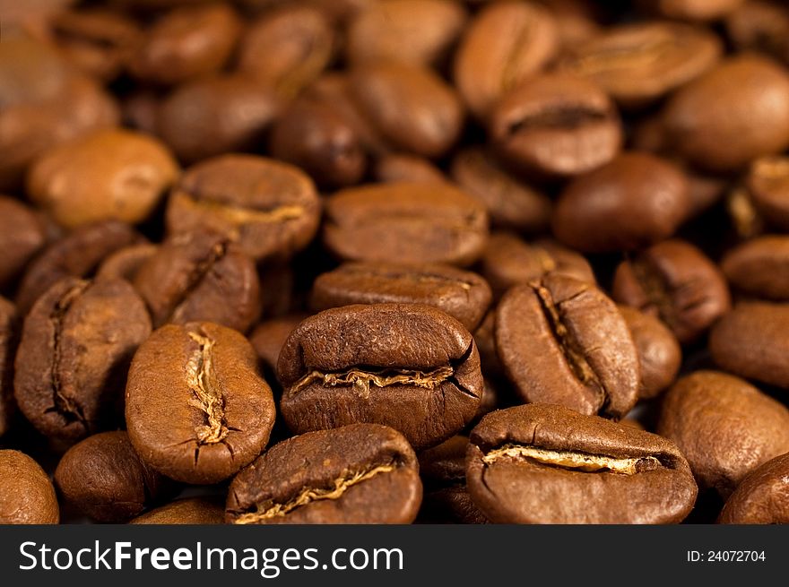 Closeup of coffee beans with focus on one