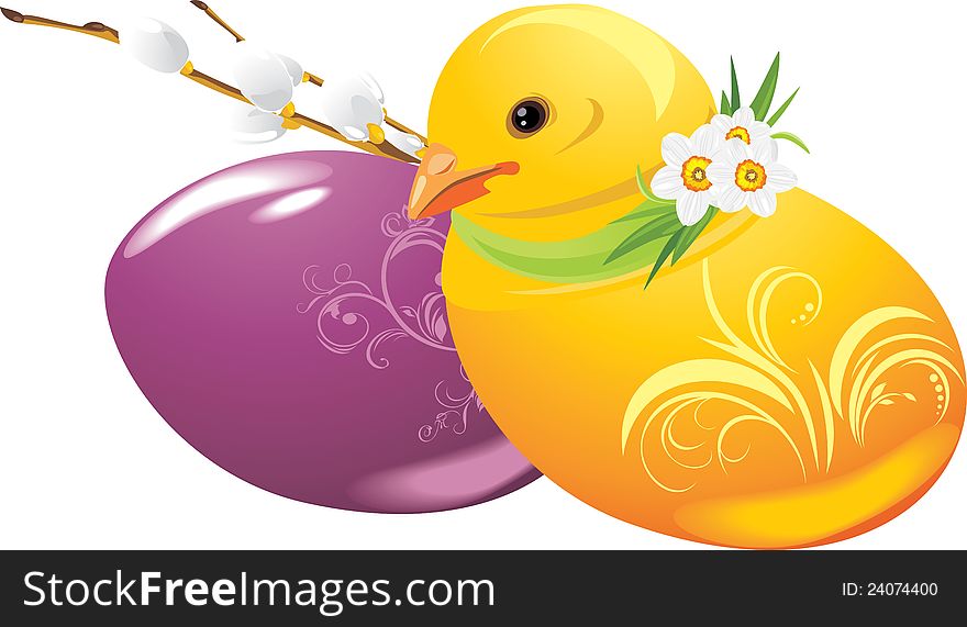 Easter eggs and chick. Illustration