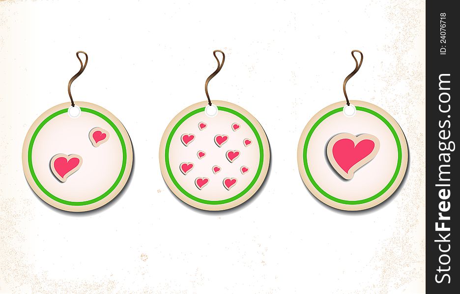 Set Of Round Labels With Hearts On Old Paper