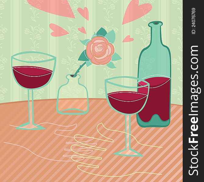 Romantic scene at the cafe table. Two glasses of wine, rose and touching hands. Vector illustration. Romantic scene at the cafe table. Two glasses of wine, rose and touching hands. Vector illustration.