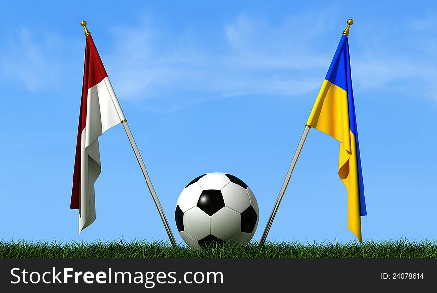 Flags of Ukraine and Poland on a lawn and a soccer ball-rendering. Flags of Ukraine and Poland on a lawn and a soccer ball-rendering