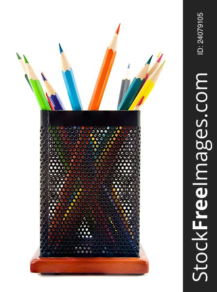 Color pencils in the glass on a white background. Color pencils in the glass on a white background