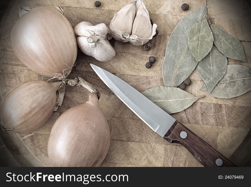 Still life with onions, garlic and black pepper. Still life with onions, garlic and black pepper