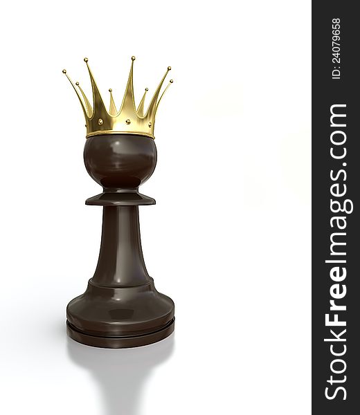 3D render of black pawn with golden crown on white background. 3D render of black pawn with golden crown on white background.