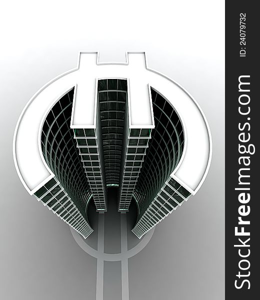 3D render of skyscraper in form of euro symbol. 3D render of skyscraper in form of euro symbol.