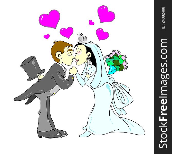 Cartoon style illustration that shows a wedding image of a sweet kiss. Hi-Res image perfect for web, wedding cards, etc...Also available as Adobe Illustrator (AI) format. Cartoon style illustration that shows a wedding image of a sweet kiss. Hi-Res image perfect for web, wedding cards, etc...Also available as Adobe Illustrator (AI) format.