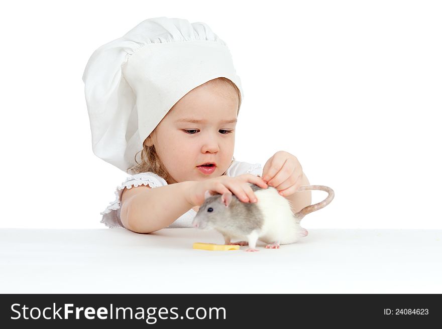 Chef girl playing with domestic rat. Chef girl playing with domestic rat