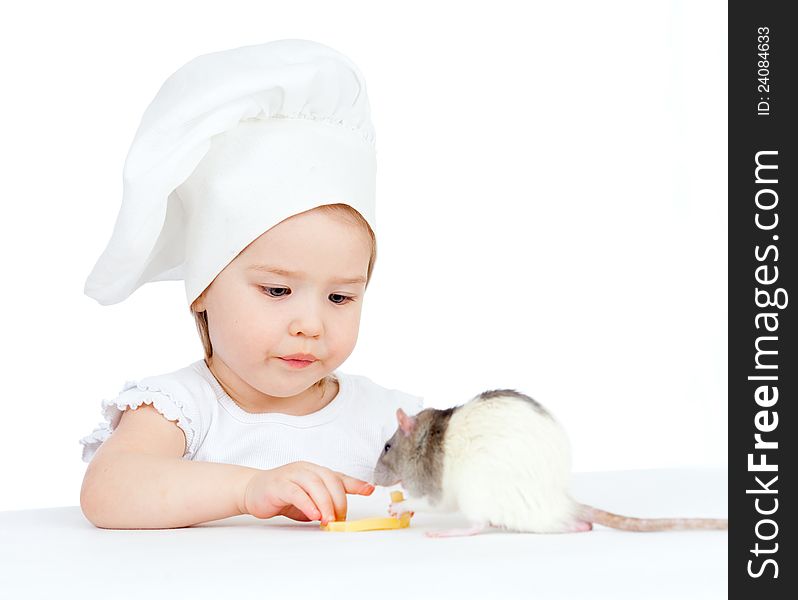 Girl and domestic rat eating healthy food