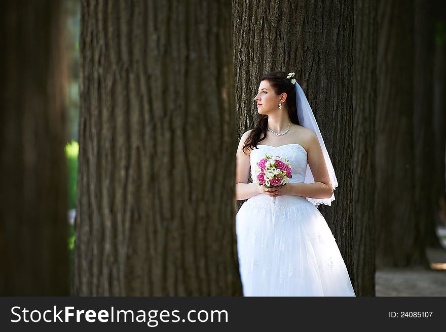 Happy bride with bouquet in wedding walk neear big tree