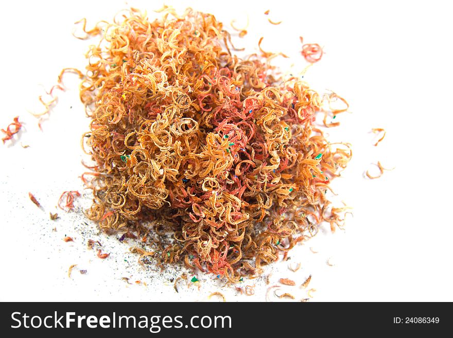 Colorful of pencil pile shavings in white background. Colorful of pencil pile shavings in white background