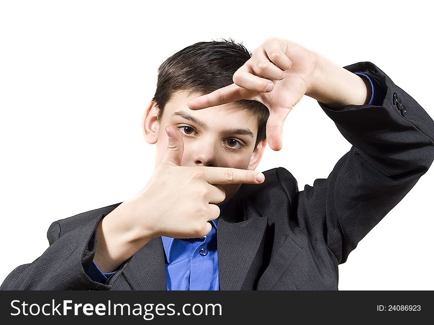 Guy shows his hands gestures, isolated on white background