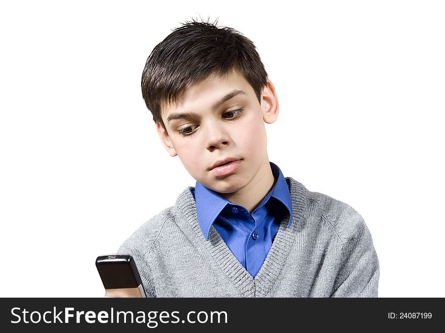 The guy holds the phone, isolated on white background