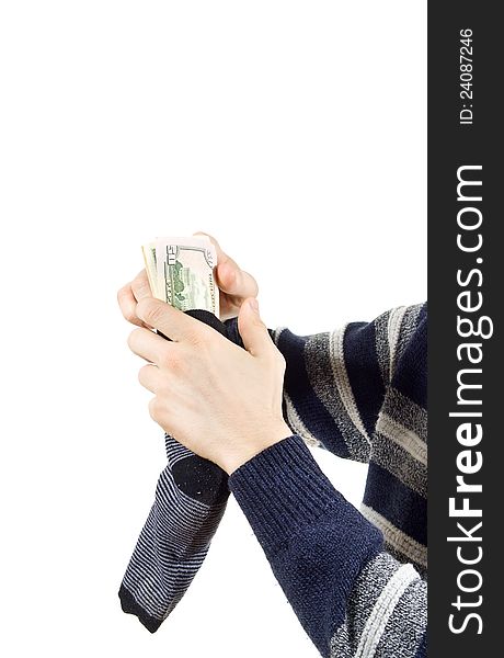 The money is kept in a sock isolated on white background