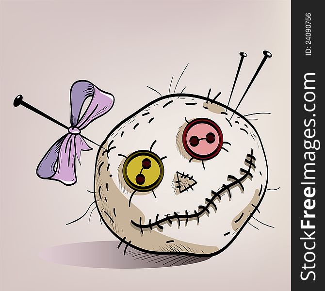 Pincushion with eyes made â€‹â€‹of buttons, the mouth of the thread, pins and a bow