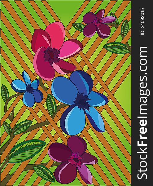 Background with flowers and wooden grate, greeting card. Vector illustration