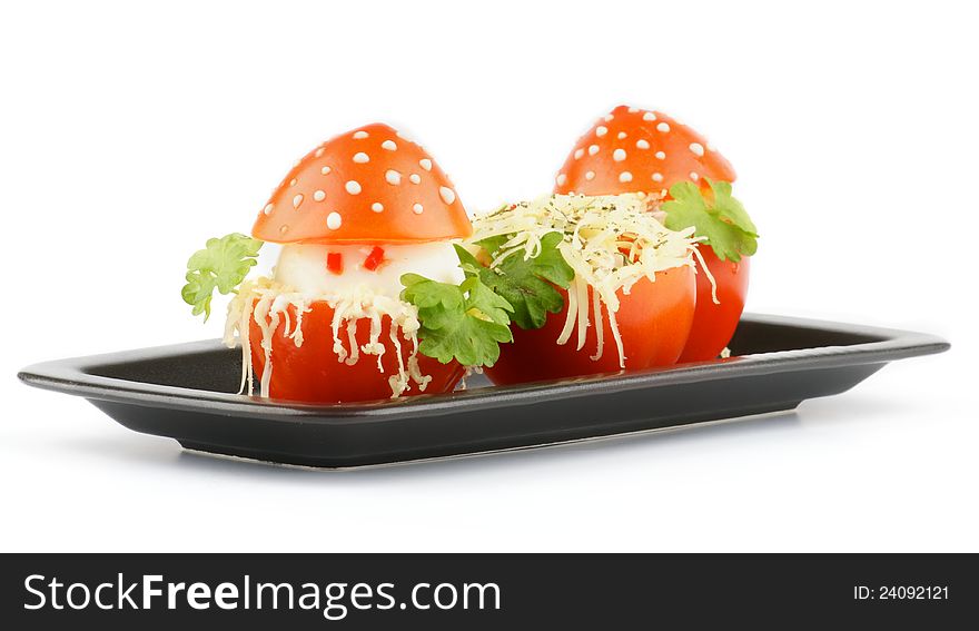 Fly mushroom formed from boiled egg, cheese and cover with the mayonnaise. Funny food for children or party.