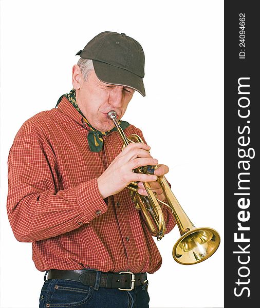 Graying white men over 50 plays a trumpet. His eyes closed - an effort visible on his red face. Graying white men over 50 plays a trumpet. His eyes closed - an effort visible on his red face.