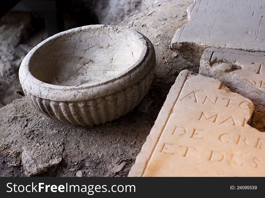 Ancient letters and stone inscription.