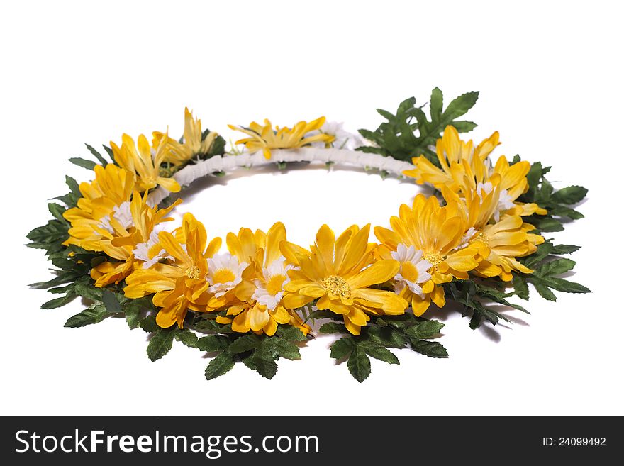 Close of a wreath of flowers isolated on a white background.