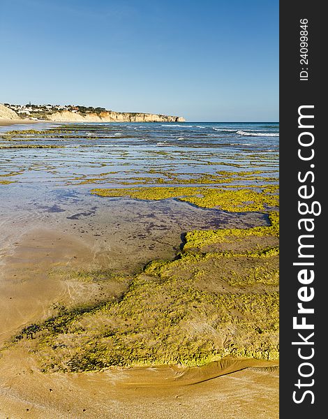 View of the beautiful beach Porto de Mos in Algarve, Portugal. View of the beautiful beach Porto de Mos in Algarve, Portugal.