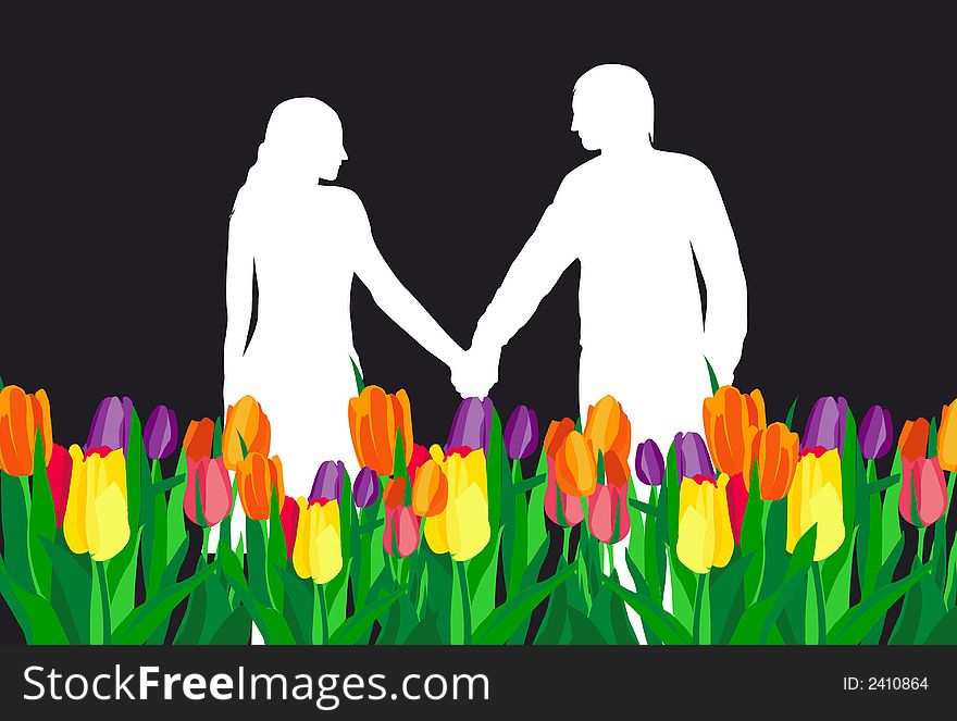 Love couple in the tulips field, silhouettes of people. Love couple in the tulips field, silhouettes of people