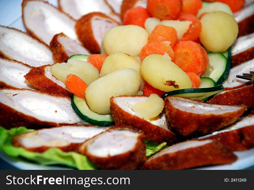 Fruit and meat on desk