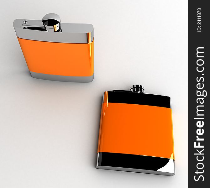 Chromed hip flask with orange insertion.                   3D render.