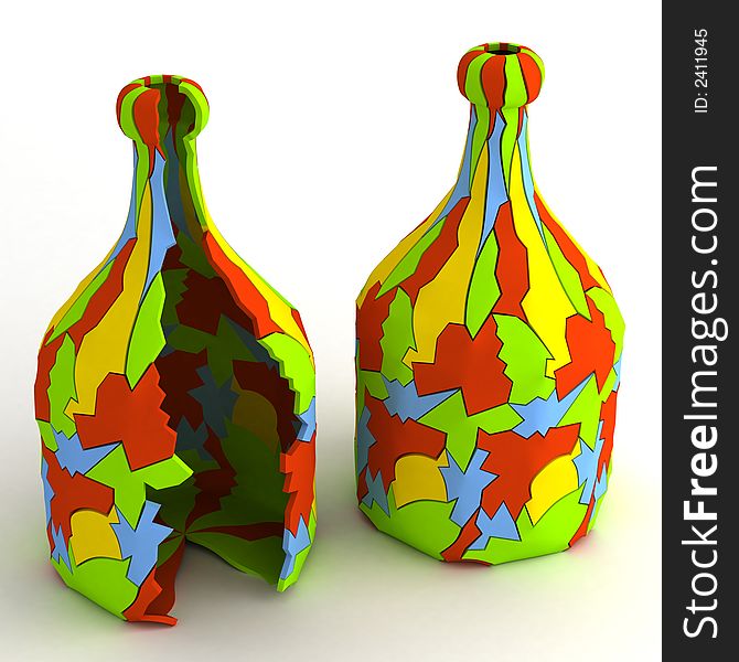 Multicolor debris bottle in two states. 3D render. This concept art was invented by me.