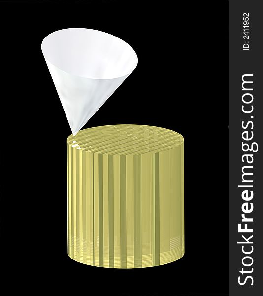 3d rendered image of a cone balancing on a cylinder on black background. 3d rendered image of a cone balancing on a cylinder on black background