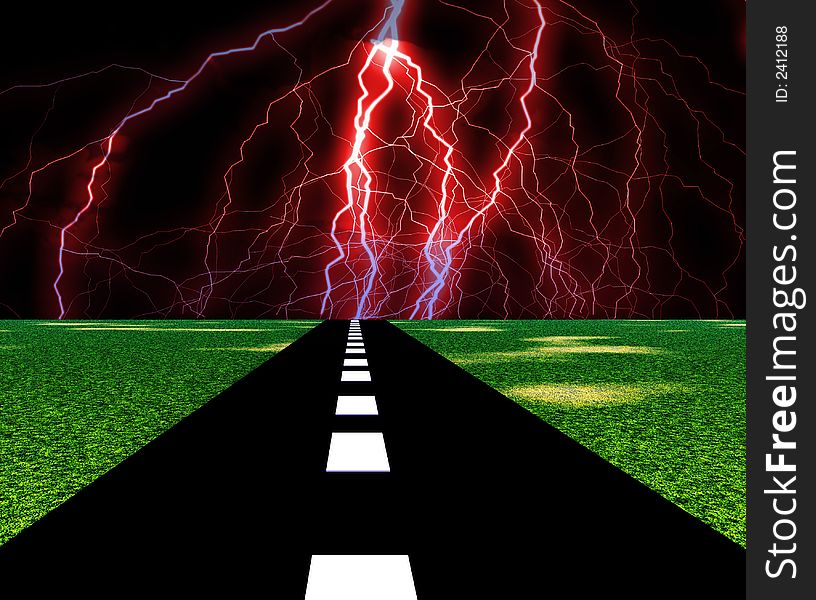 An image of a road with the lightning at the end of it. An image of a road with the lightning at the end of it.