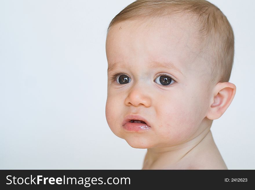 Image of beautiful 11 month old baby boy  sitting in front of a white background. Image of beautiful 11 month old baby boy  sitting in front of a white background