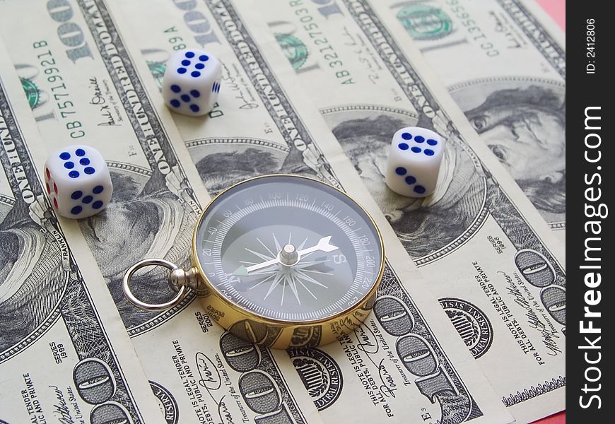 Find right way; three white dices with 6 on five $100 bank note with compass; win, victory. Find right way; three white dices with 6 on five $100 bank note with compass; win, victory