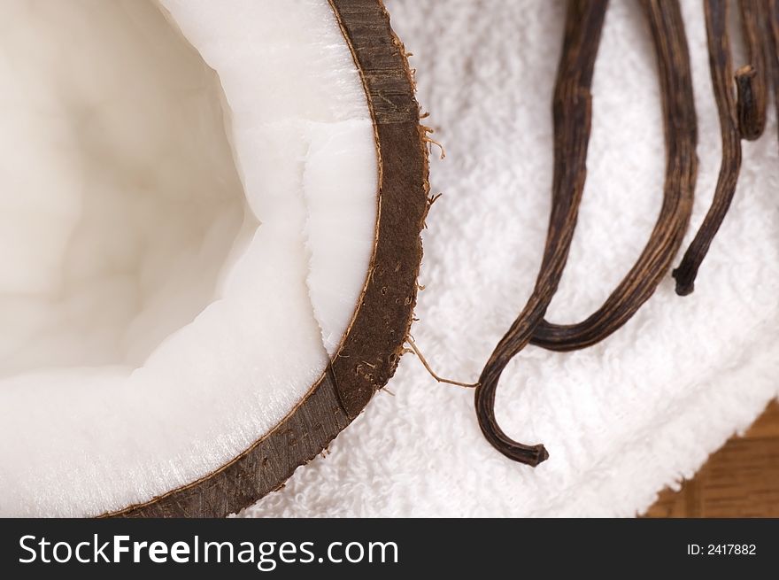 Coconuts, vanilla and towel. exotic bath. Coconuts, vanilla and towel. exotic bath