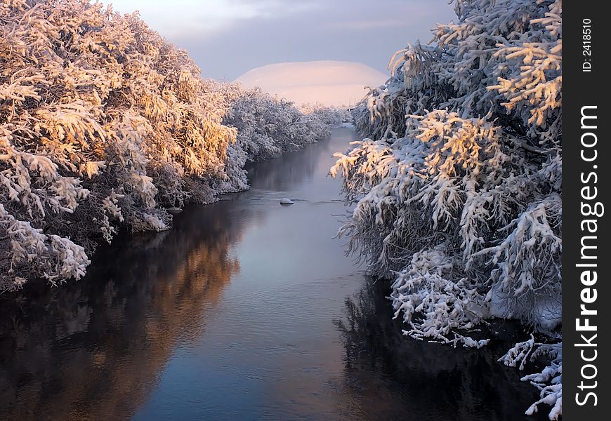 The river in a winter wood in clear weather. A water smooth surface. The river in a winter wood in clear weather. A water smooth surface