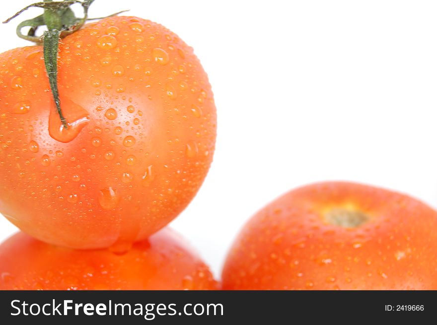 Some healthy red tomatoes on a white back drop setting. Some healthy red tomatoes on a white back drop setting.