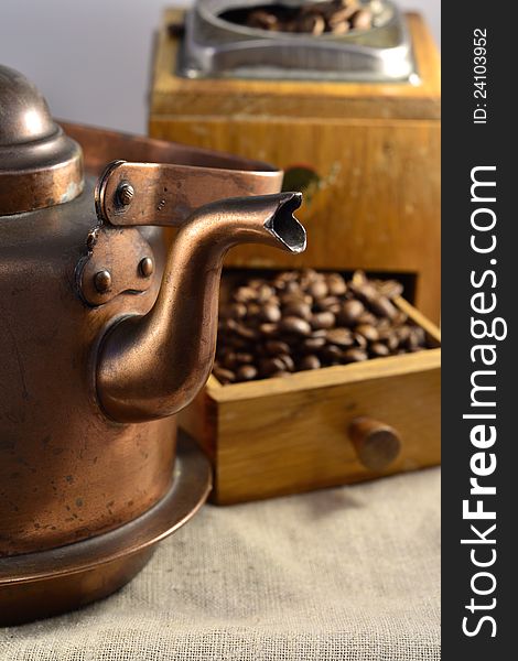 Coffee pot, coffee grinder and good coffee beans. Coffee pot, coffee grinder and good coffee beans