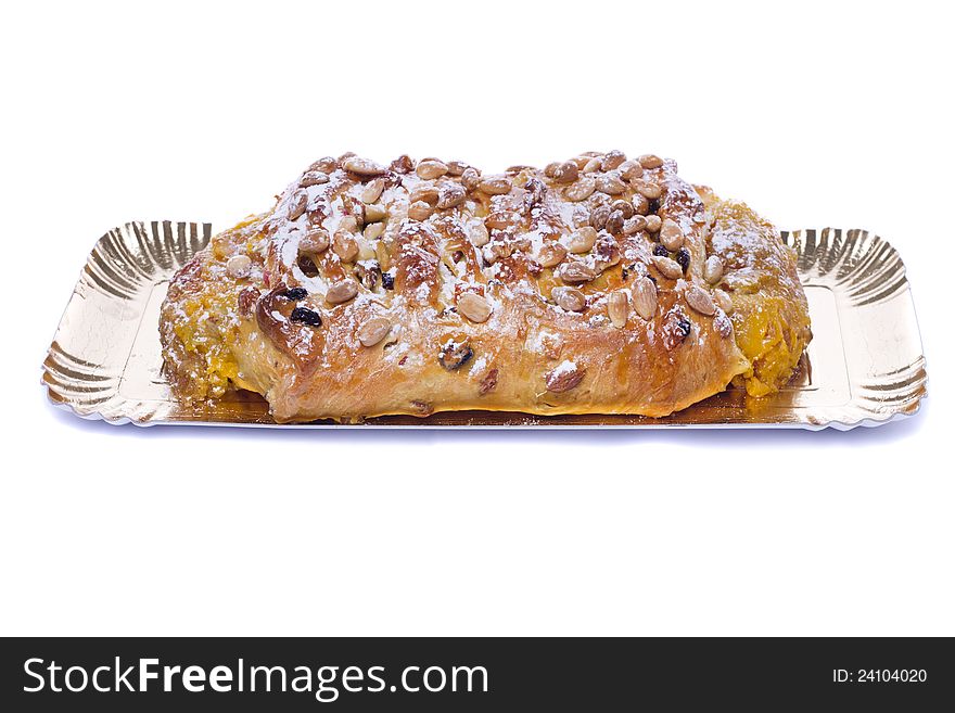 Close view of a traditional Portuguese Easter cake isolated on a white background.