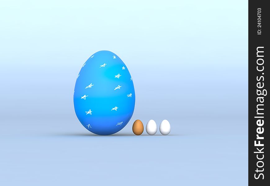 Eggs are small and large, on a blue background. Eggs are small and large, on a blue background