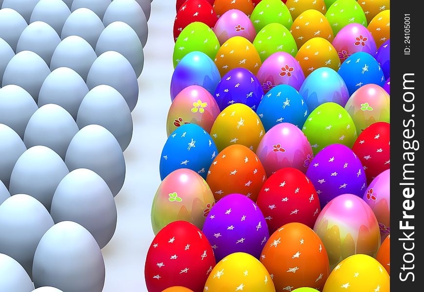 Easter eggs and the conventional white eggs. Easter eggs and the conventional white eggs